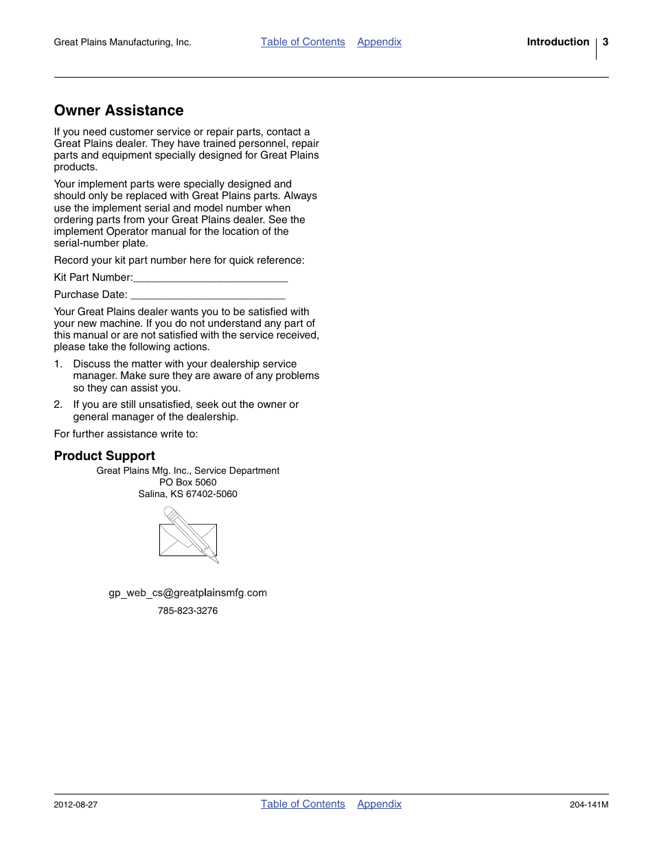 Owner assistance, Product support | Great Plains YP Unit-Mount Coulter User Manual | Page 5 / 16