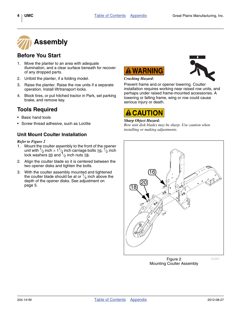 Assembly, Before you start, Tools required | Unit mount coulter installation, Assembly before you start tools required | Great Plains YP Unit-Mount Coulter User Manual | Page 6 / 16