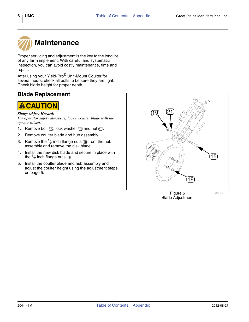 Maintenance, Blade replacement, Maintenance blade replacement | Great Plains YP Unit-Mount Coulter User Manual | Page 8 / 16