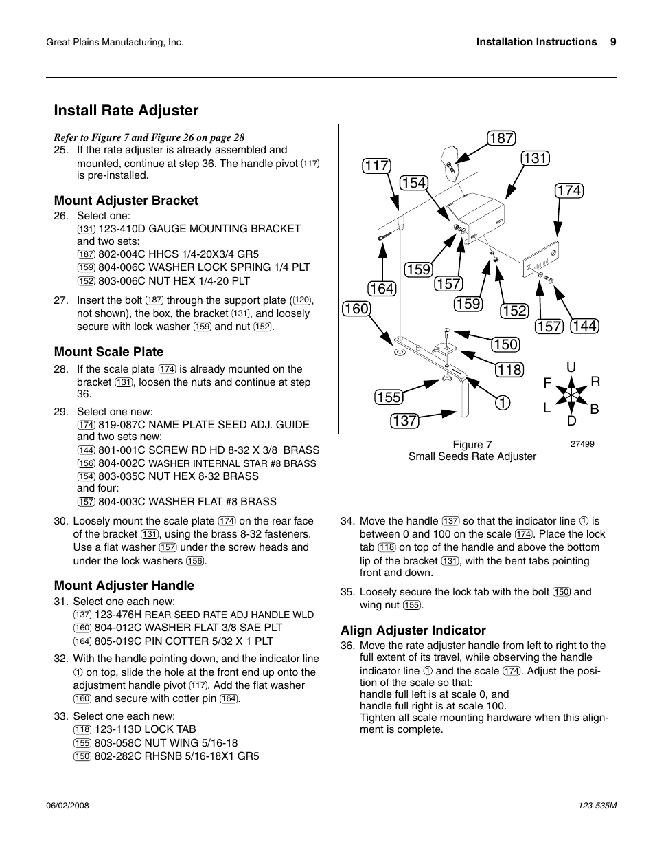 Install rate adjuster, Mount adjuster bracket, Mount scale plate | Mount adjuster handle, Align adjuster indicator | Great Plains 1005NT Assembly Instructions User Manual | Page 11 / 44