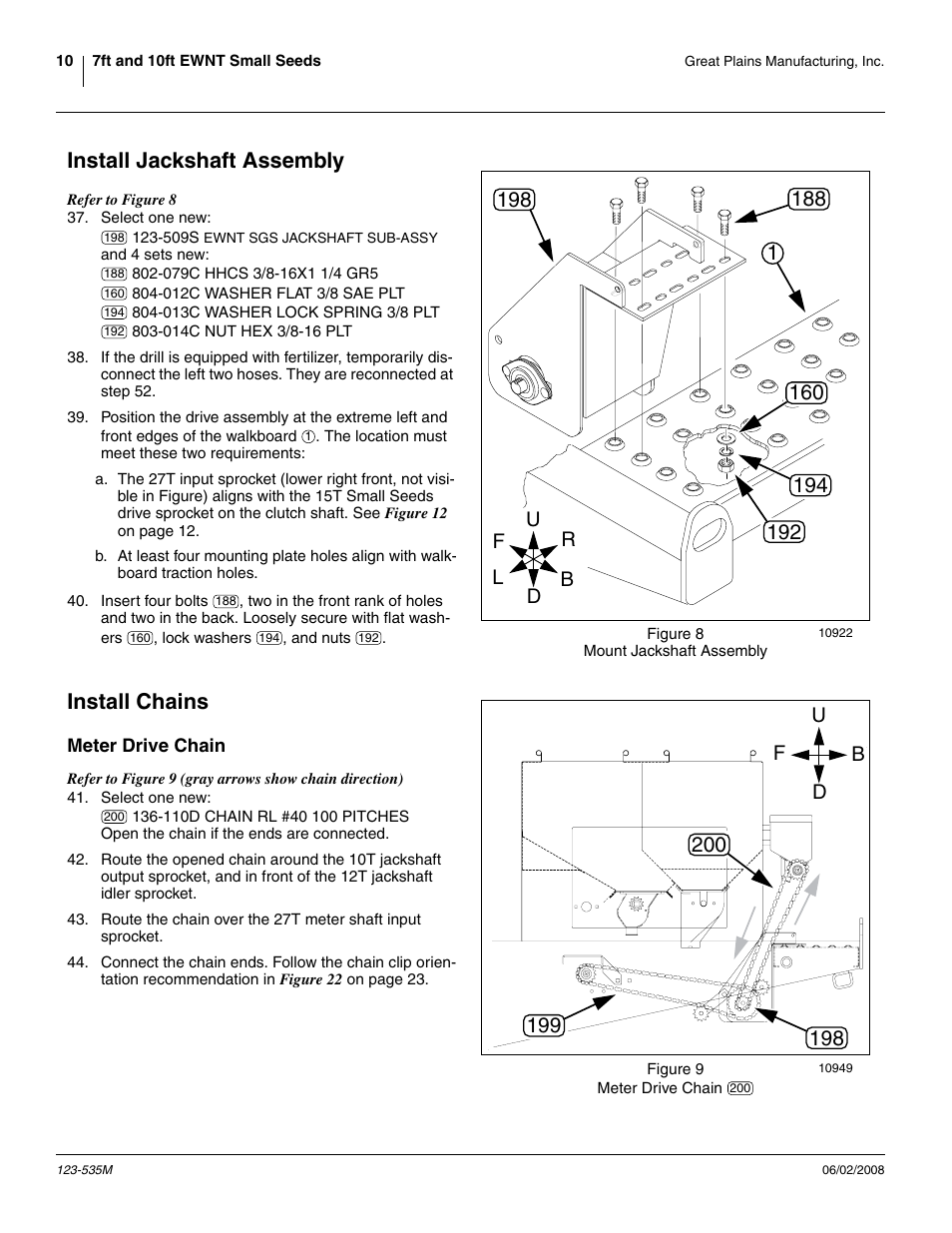 Install jackshaft assembly, Install chains, Meter drive chain | Install jackshaft assembly install chains, Ud b f | Great Plains 1005NT Assembly Instructions User Manual | Page 12 / 44
