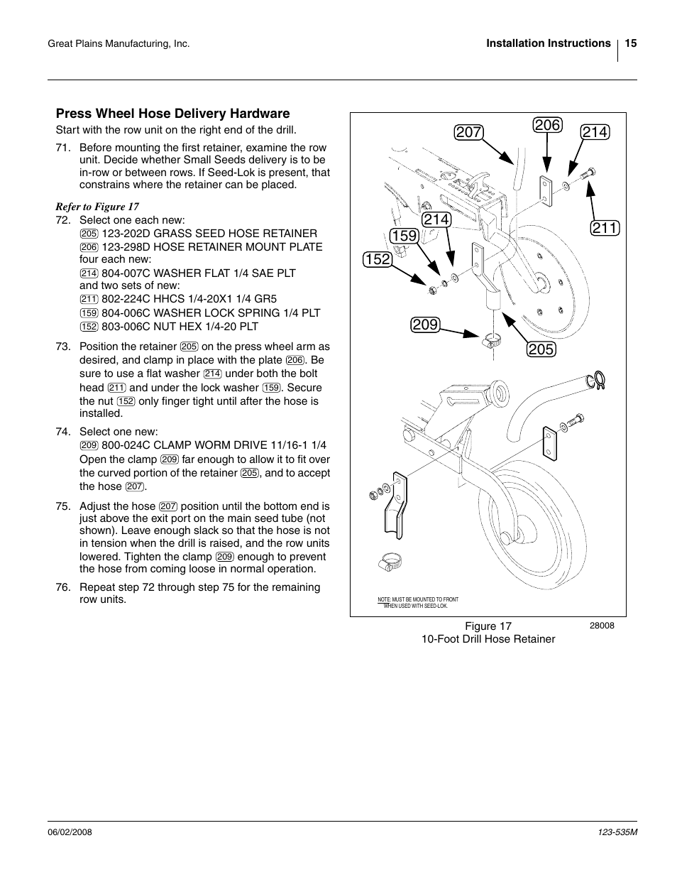 Press wheel hose delivery hardware | Great Plains 1005NT Assembly Instructions User Manual | Page 17 / 44