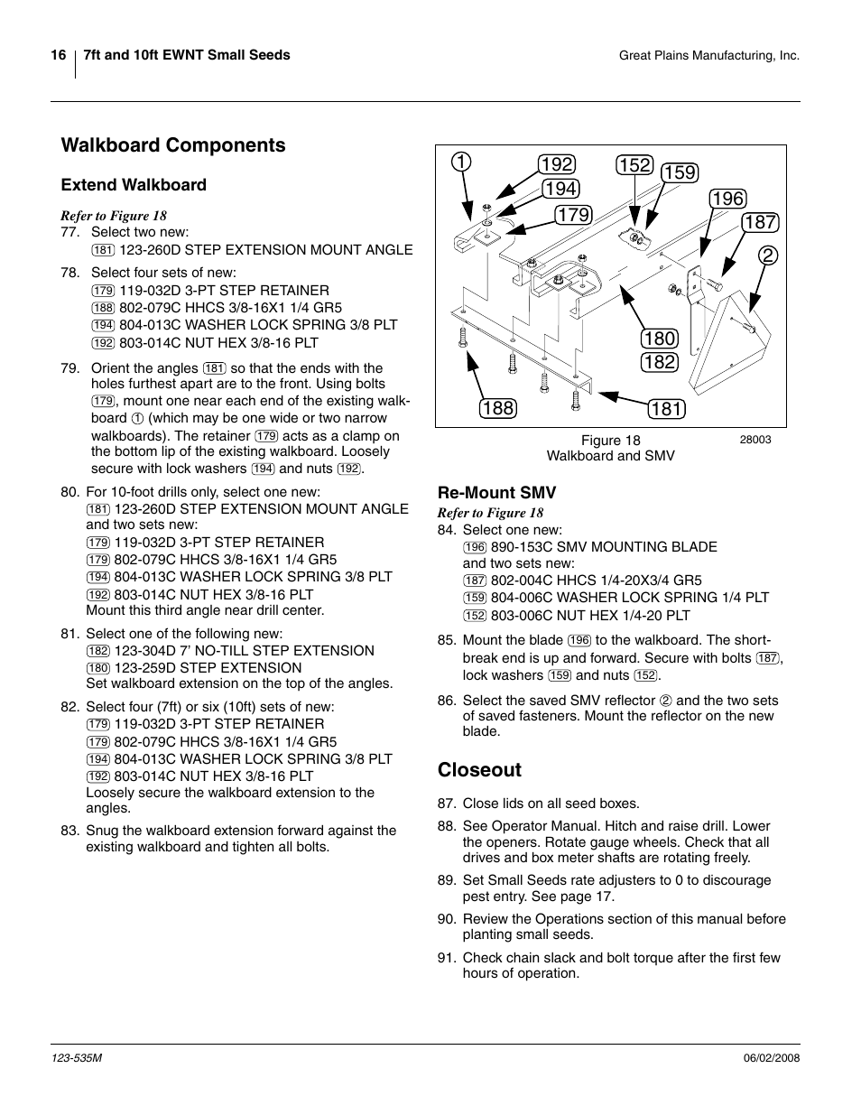 Walkboard components, Extend walkboard, Re-mount smv | Closeout, Extend walkboard re-mount smv, Xtension at step 86, Ue at step 77 | Great Plains 1005NT Assembly Instructions User Manual | Page 18 / 44