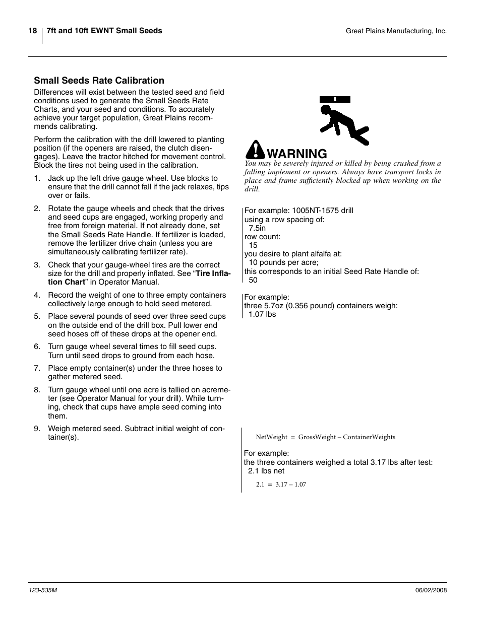 Small seeds rate calibration, Warning | Great Plains 1005NT Assembly Instructions User Manual | Page 20 / 44