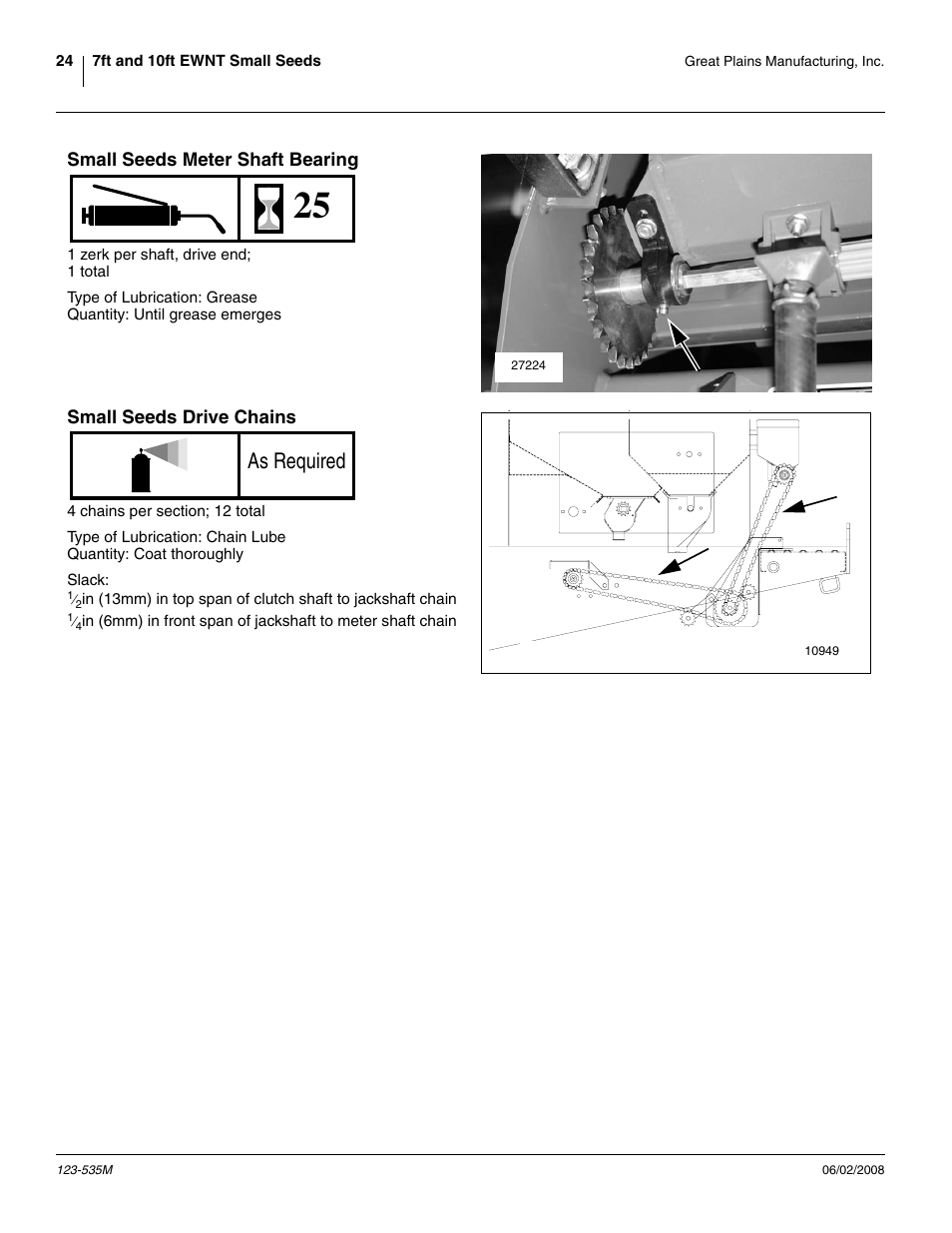 Small seeds meter shaft bearing, Small seeds drive chains, As required | Great Plains 1005NT Assembly Instructions User Manual | Page 26 / 44