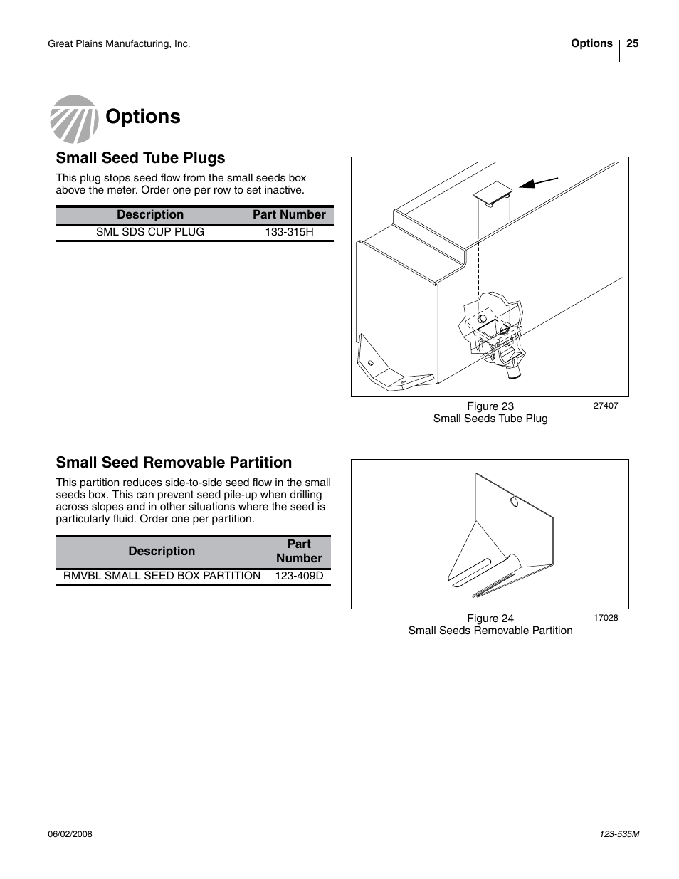 Options, Small seed tube plugs, Small seed removable partition | Great Plains 1005NT Assembly Instructions User Manual | Page 27 / 44