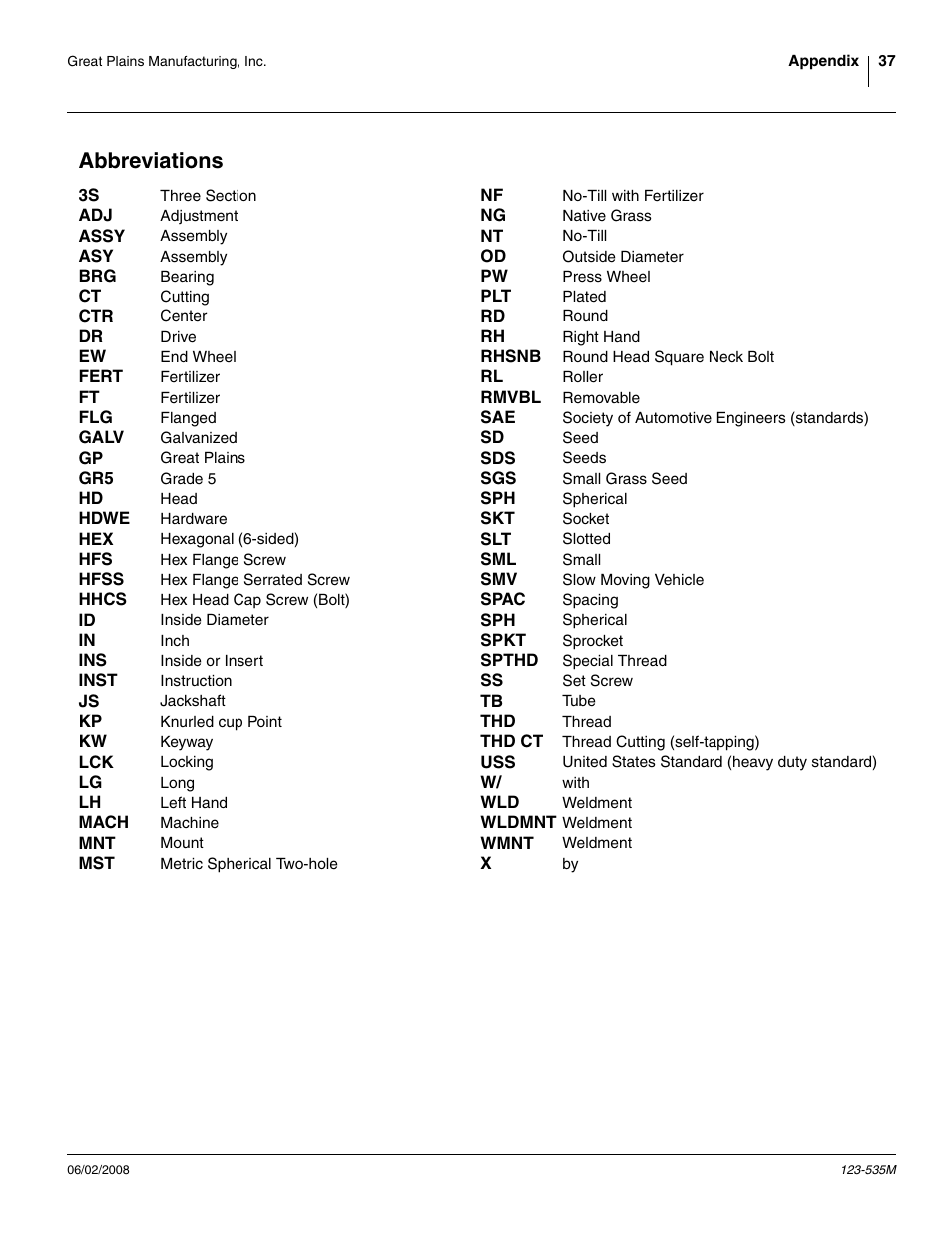 Abbreviations | Great Plains 1005NT Assembly Instructions User Manual | Page 39 / 44