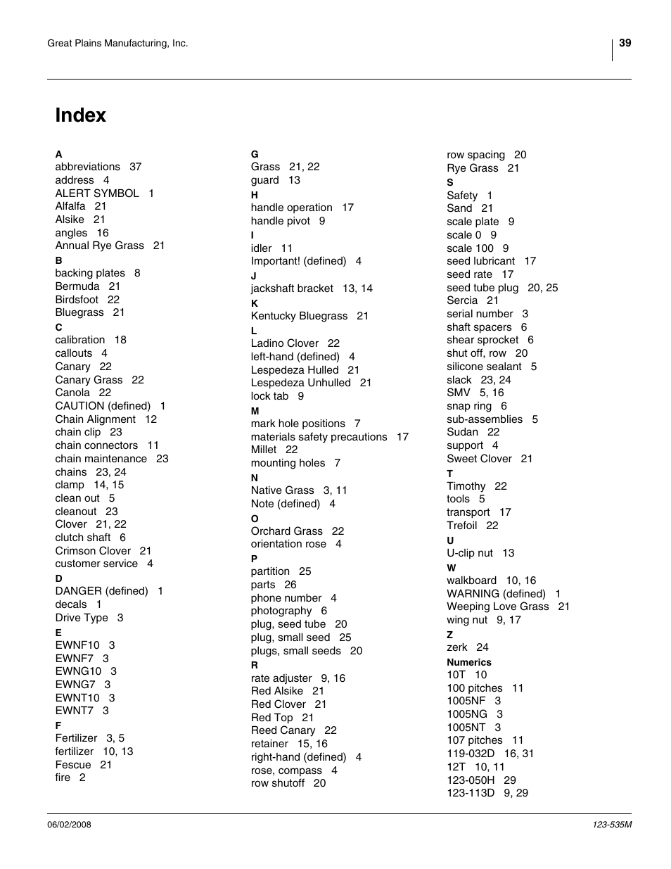Index | Great Plains 1005NT Assembly Instructions User Manual | Page 41 / 44