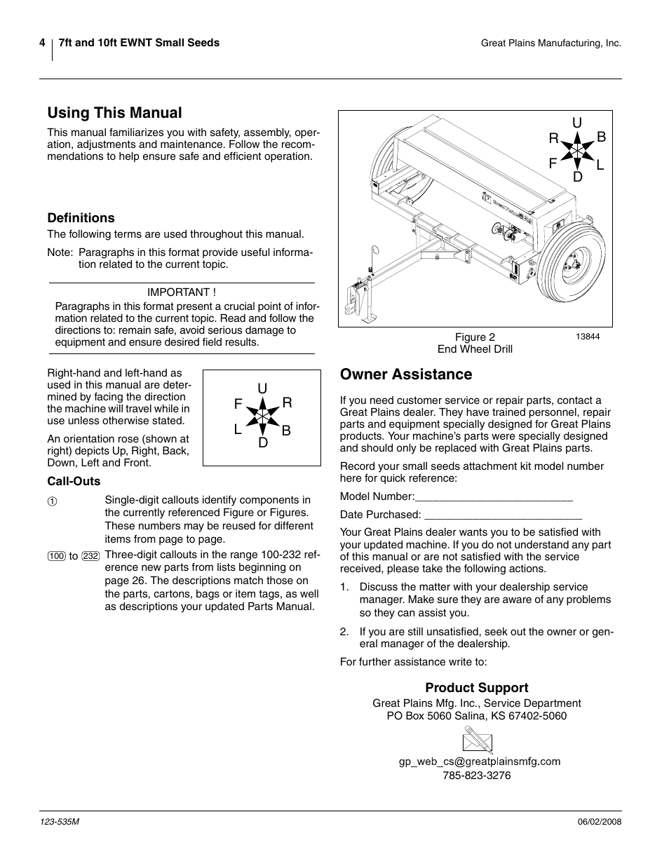 Using this manual, Definitions, Call-outs | Owner assistance, Product support, Definitions call-outs | Great Plains 1005NT Assembly Instructions User Manual | Page 6 / 44