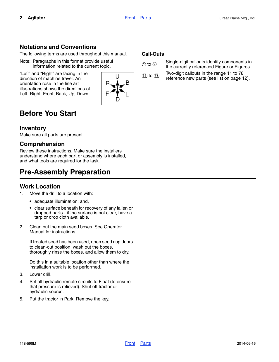 Notations and conventions, Call-outs, Before you start | Inventory, Comprehension, Pre-assembly preparation, Work location | Great Plains 1205NT Assembly Instructions User Manual | Page 2 / 14