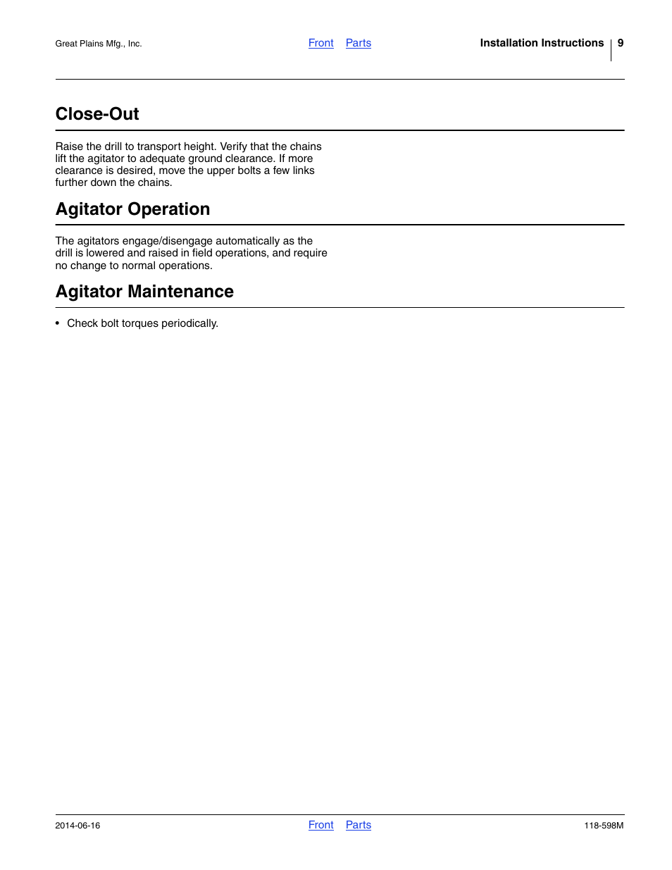 Close-out, Agitator operation, Agitator maintenance | Great Plains 1205NT Assembly Instructions User Manual | Page 9 / 14