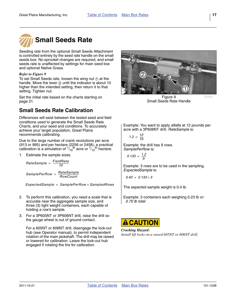 Small seeds rate, Small seeds rate calibration, Small seeds rate small seeds rate calibration | Great Plains 606NT Material Rate User Manual | Page 19 / 48