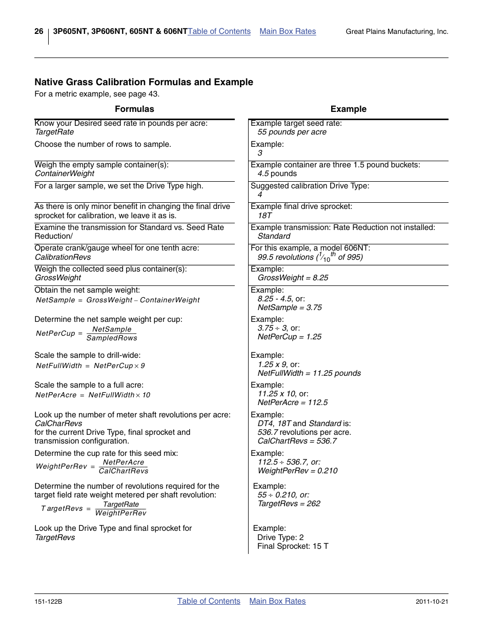 Native grass calibration formulas and example | Great Plains 606NT Material Rate User Manual | Page 28 / 48