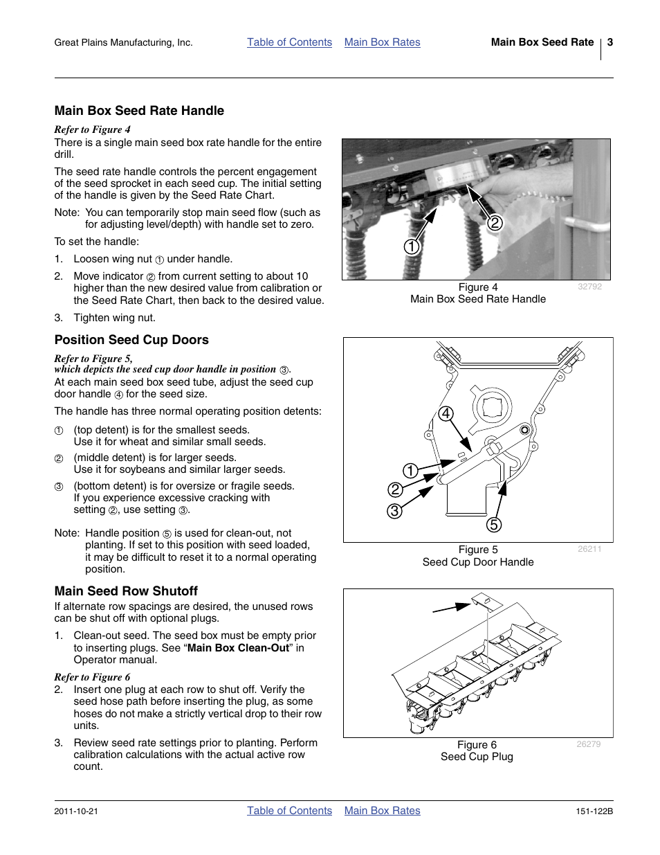 Main box seed rate handle, Position seed cup doors, Main seed row shutoff | Great Plains 606NT Material Rate User Manual | Page 5 / 48