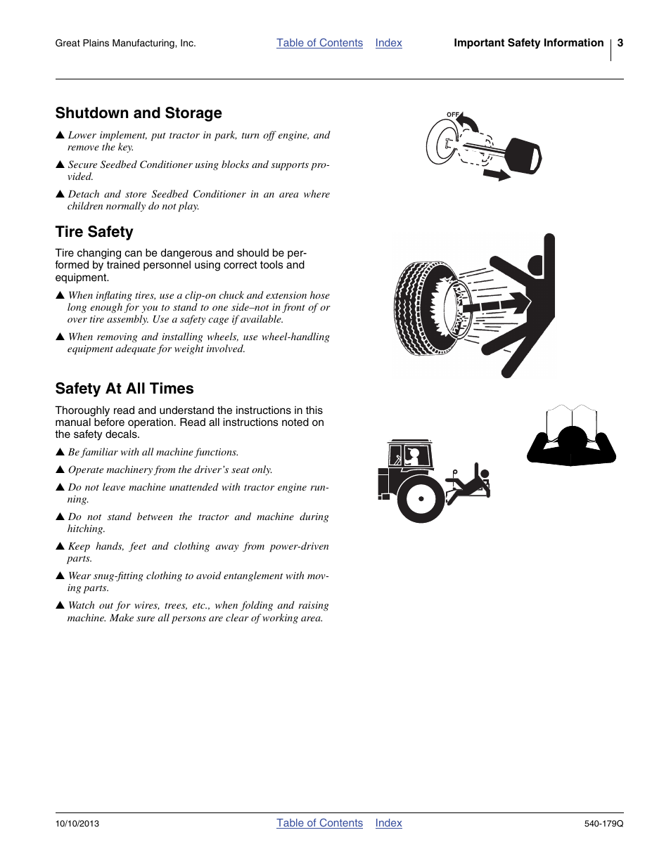 Shutdown and storage, Tire safety, Safety at all times | Great Plains 2551SC Predelivery Manual User Manual | Page 7 / 28