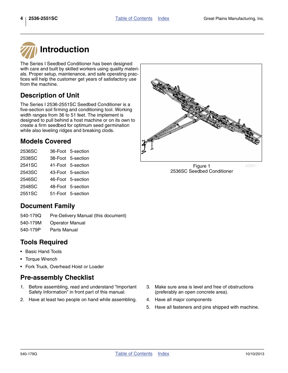 Introduction, Description of unit, Models covered | Document family, Tools required, Pre-assembly checklist, Models covered document family tools required | Great Plains 2551SC Predelivery Manual User Manual | Page 8 / 28