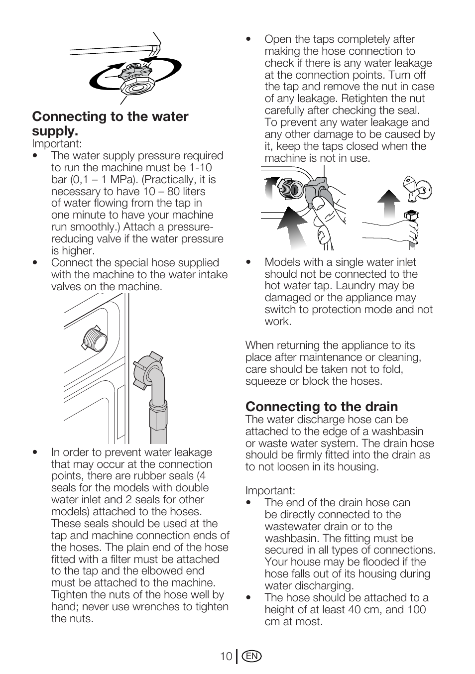 Connecting to the water supply, Connecting to the drain | Beko WME 7267 W User Manual | Page 10 / 40