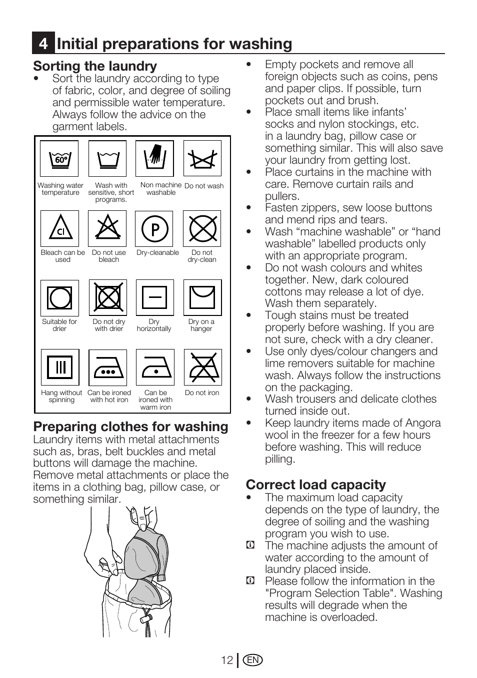 4initial preparations for washing, Sorting the laundry, Preparing clothes for washing | Correct load capacity | Beko WME 7267 W User Manual | Page 12 / 40