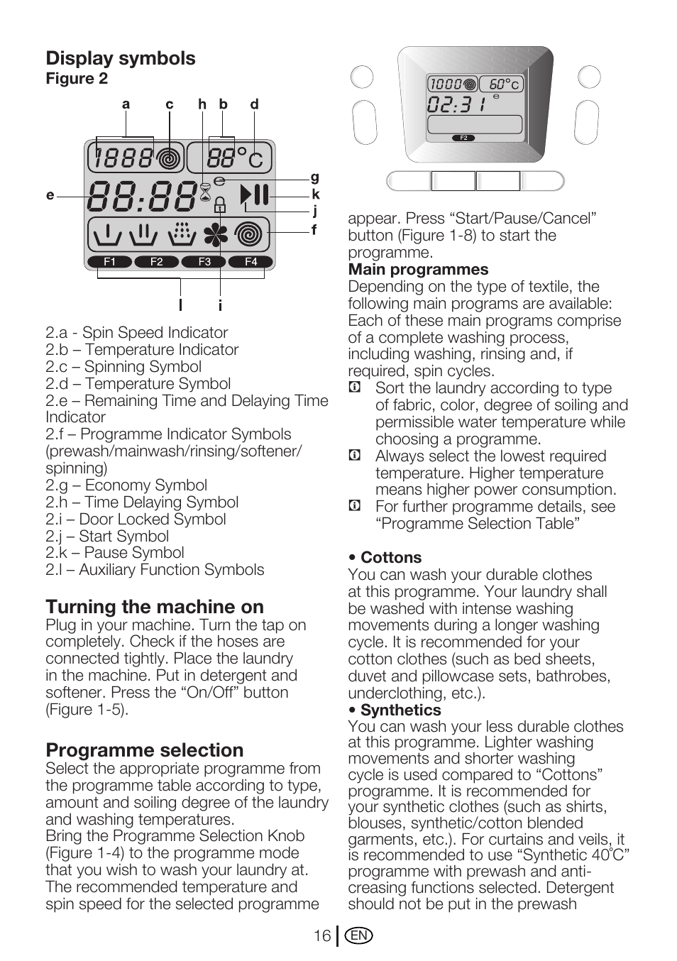 Display symbols, Turning the machine on, Programme selection | Beko WME 7267 W User Manual | Page 16 / 40