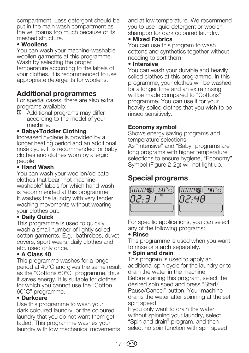 Additional programmes, Special programs | Beko WME 7267 W User Manual | Page 17 / 40
