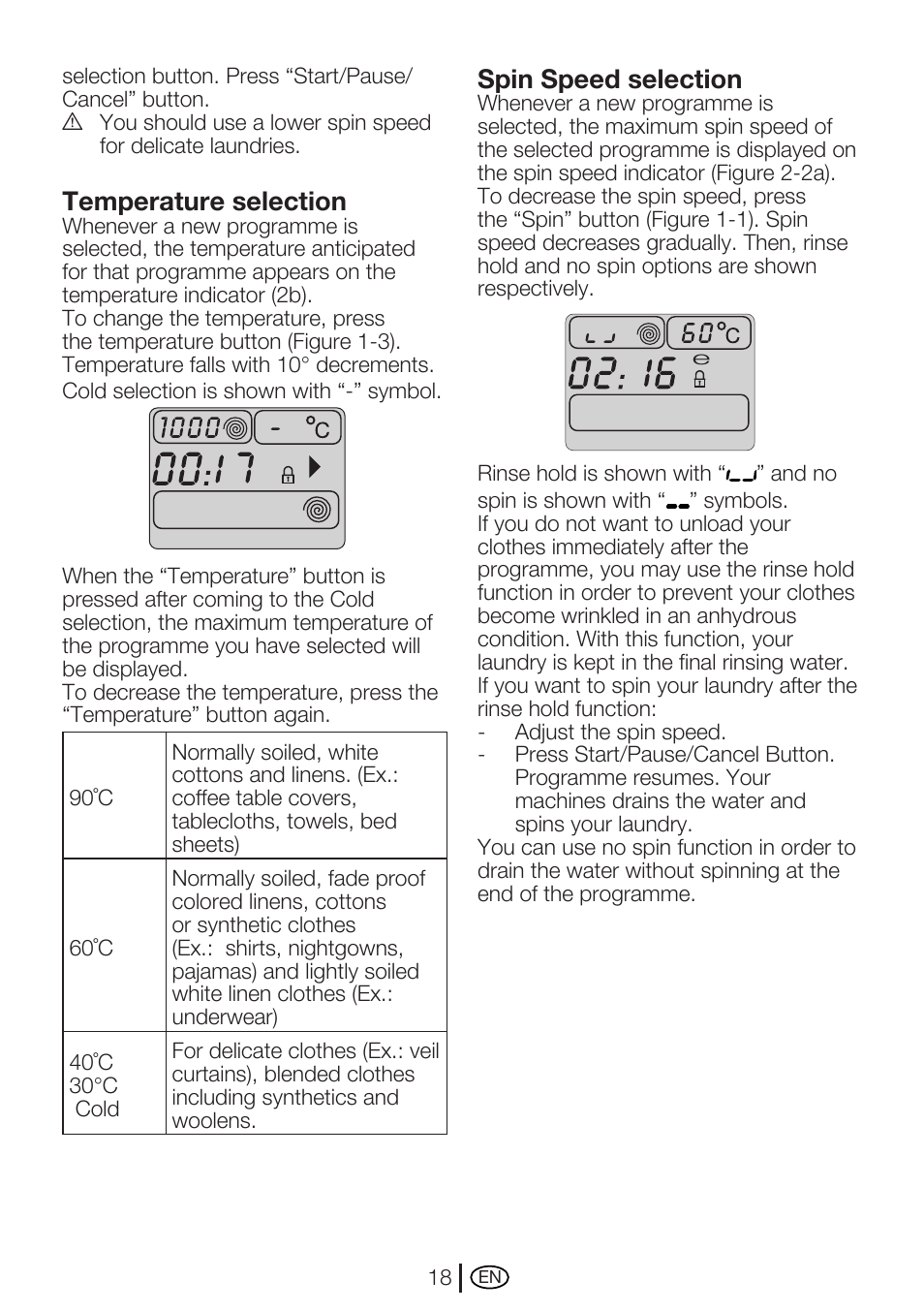 Temperature selection, Spin speed selection | Beko WME 7267 W User Manual | Page 18 / 40