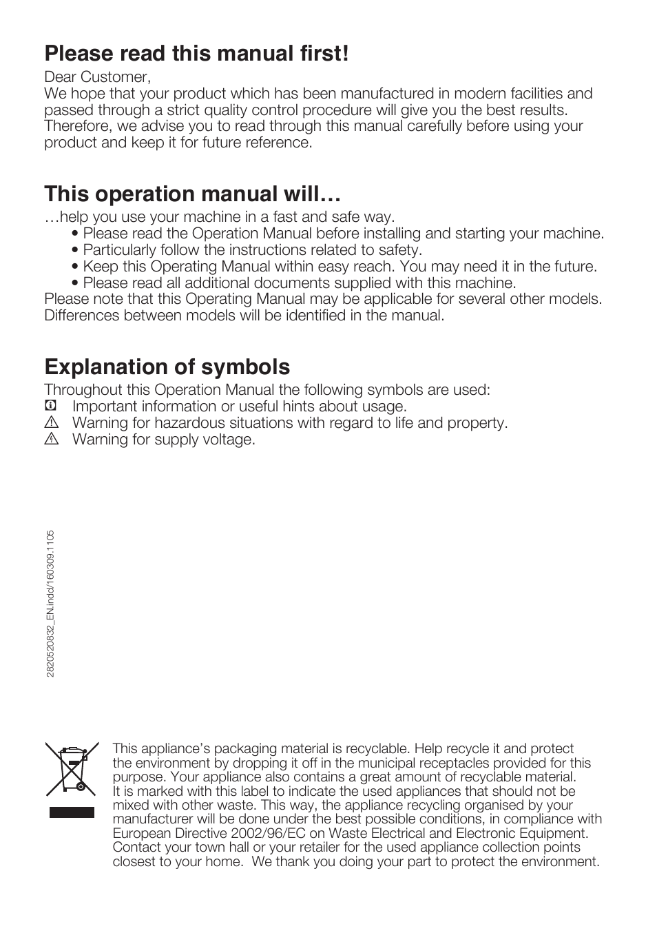Please read this manual first, This operation manual will, Explanation of symbols | Beko WME 7267 W User Manual | Page 2 / 40