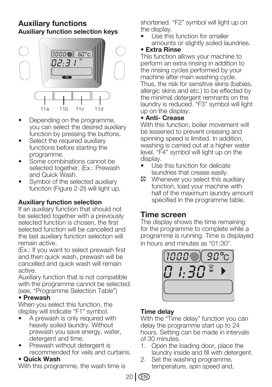 Auxiliary functions, Time screen | Beko WME 7267 W User Manual | Page 20 / 40