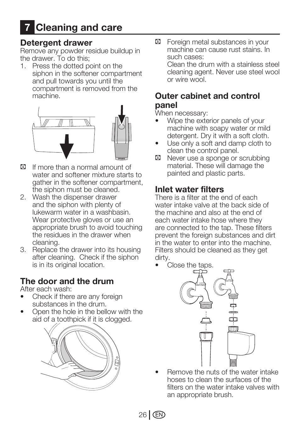 7cleaning and care, Detergent drawer, The door and the drum | Outer cabinet and control panel, Inlet water filters | Beko WME 7267 W User Manual | Page 26 / 40