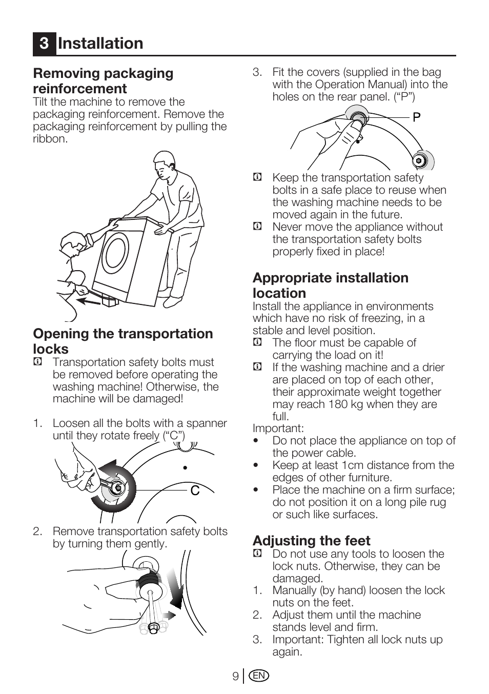 3installation, Removing packaging reinforcement, Opening the transportation locks | Appropriate installation location, Adjusting the feet | Beko WME 7267 W User Manual | Page 9 / 40