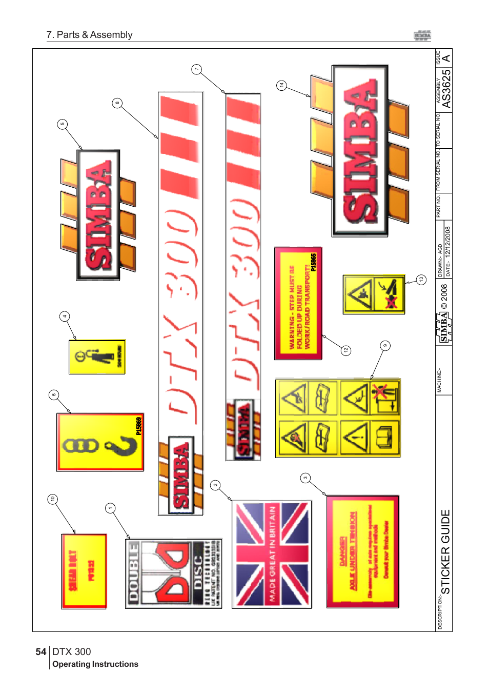 As3625 sticker guide, Dtx 300, 54 7. parts & assembly | Operating instructions, Simba | Great Plains DTX 300 Assembly Instructions User Manual | Page 20 / 24
