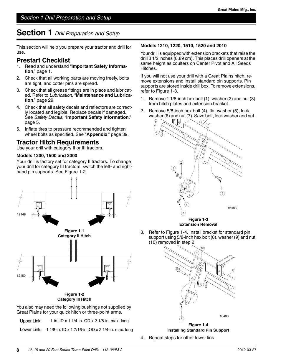 Prestart checklist, Tractor hitch requirements | Great Plains 2000 Operator Manual User Manual | Page 11 / 45