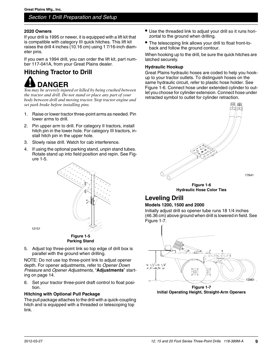 Danger, Hitching tractor to drill, Leveling drill | Great Plains 2000 Operator Manual User Manual | Page 12 / 45