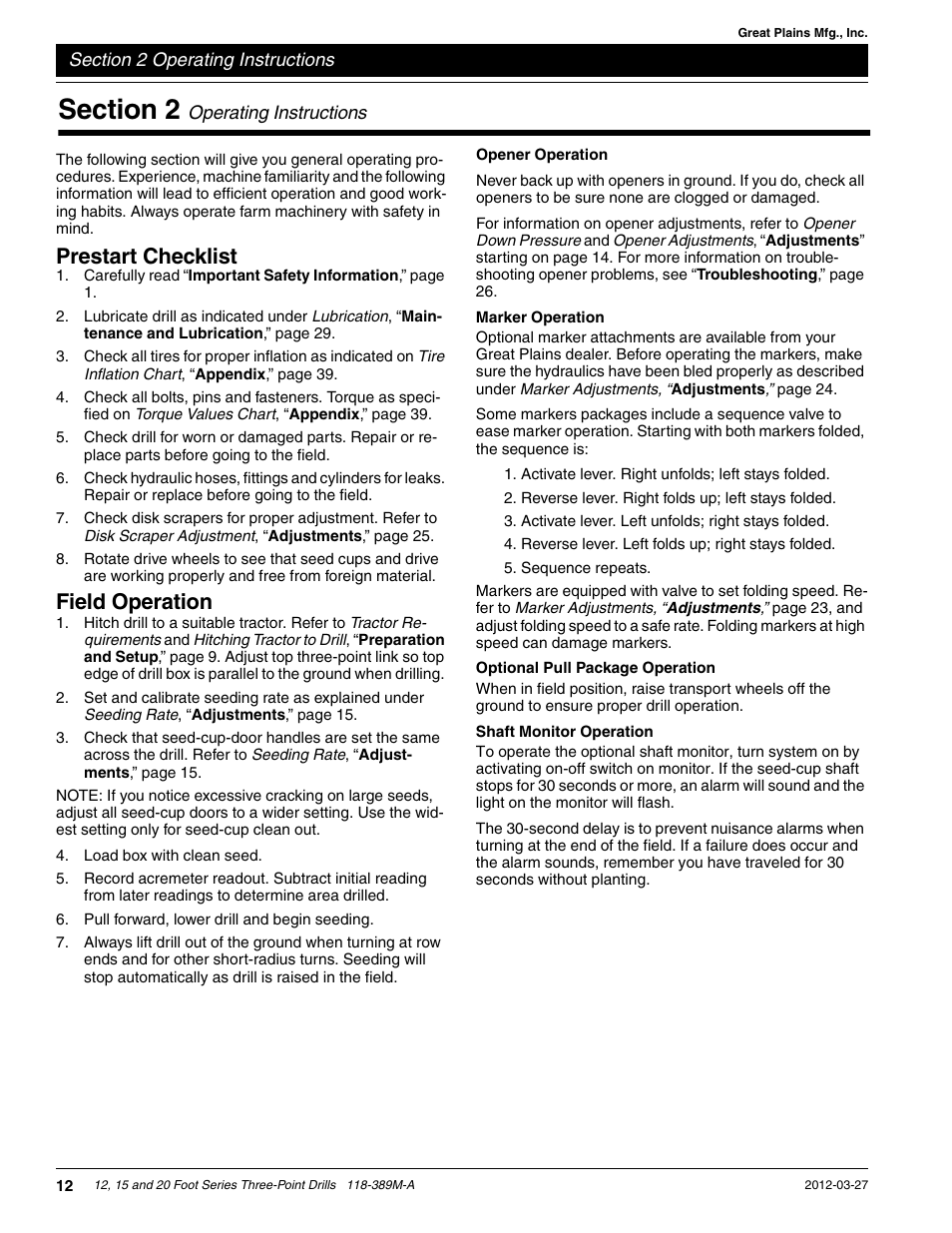 Prestart checklist, Field operation | Great Plains 2000 Operator Manual User Manual | Page 15 / 45