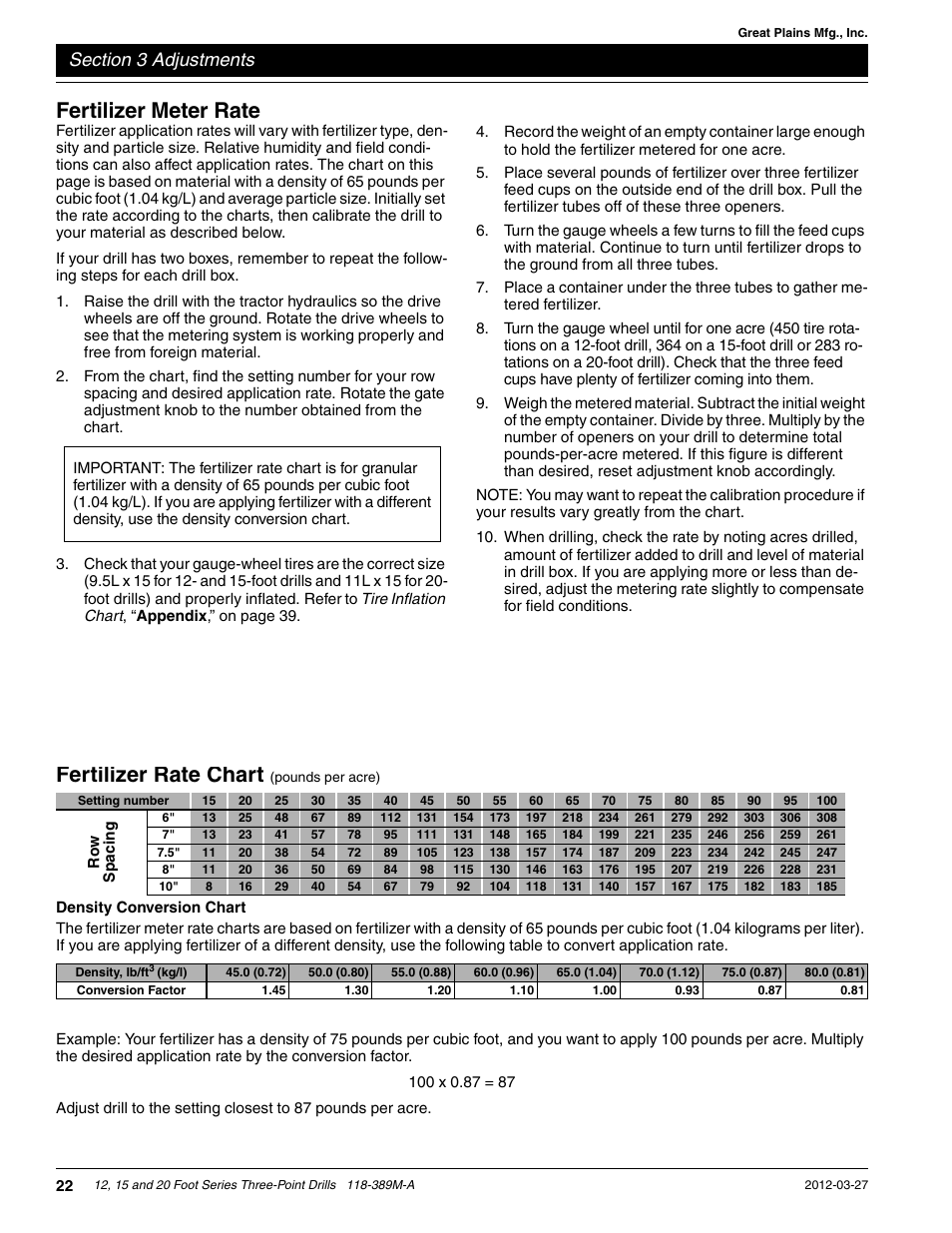 Fertilizer meter rate, Fertilizer rate chart | Great Plains 2000 Operator Manual User Manual | Page 25 / 45