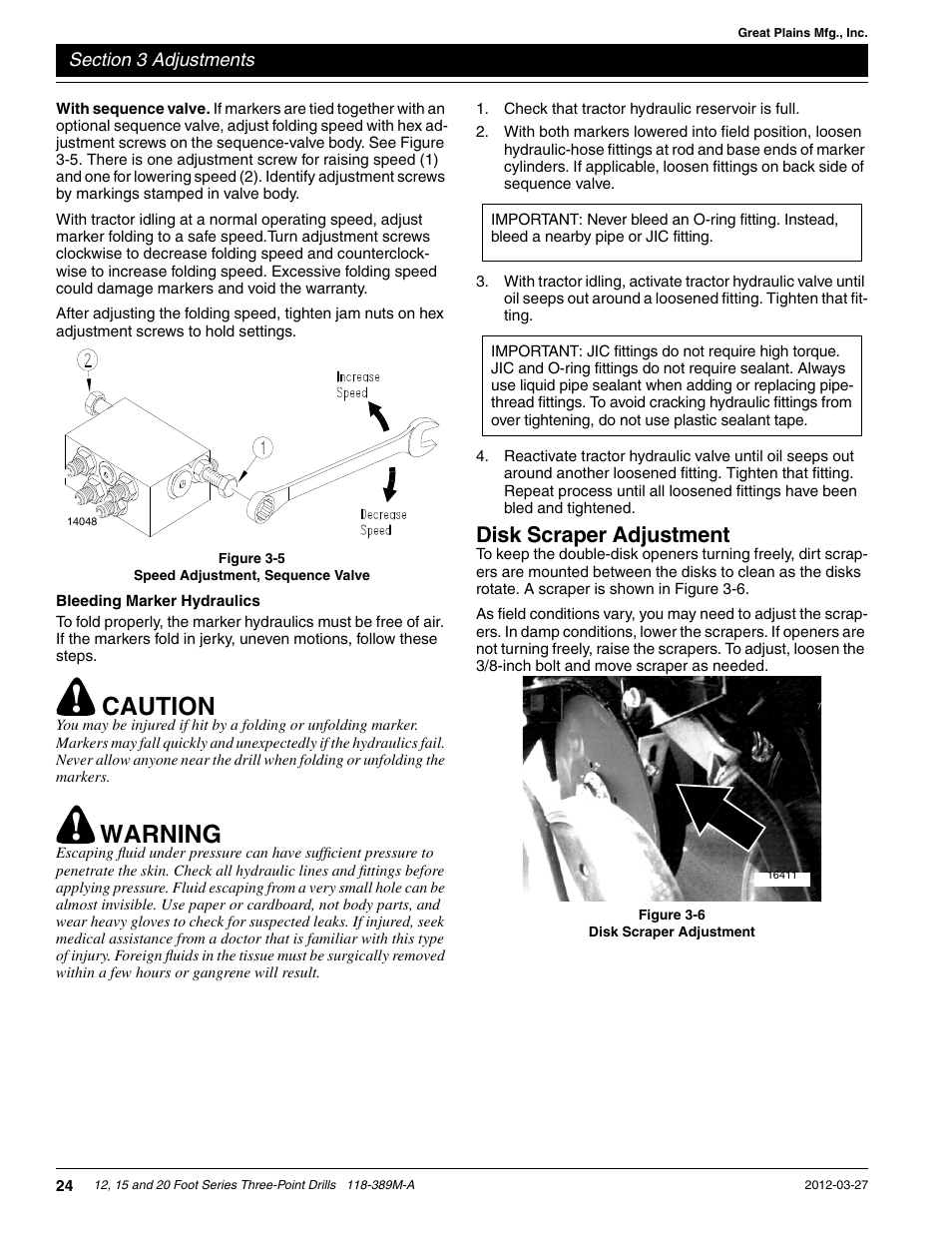 Caution, Warning, Disk scraper adjustment | Great Plains 2000 Operator Manual User Manual | Page 27 / 45