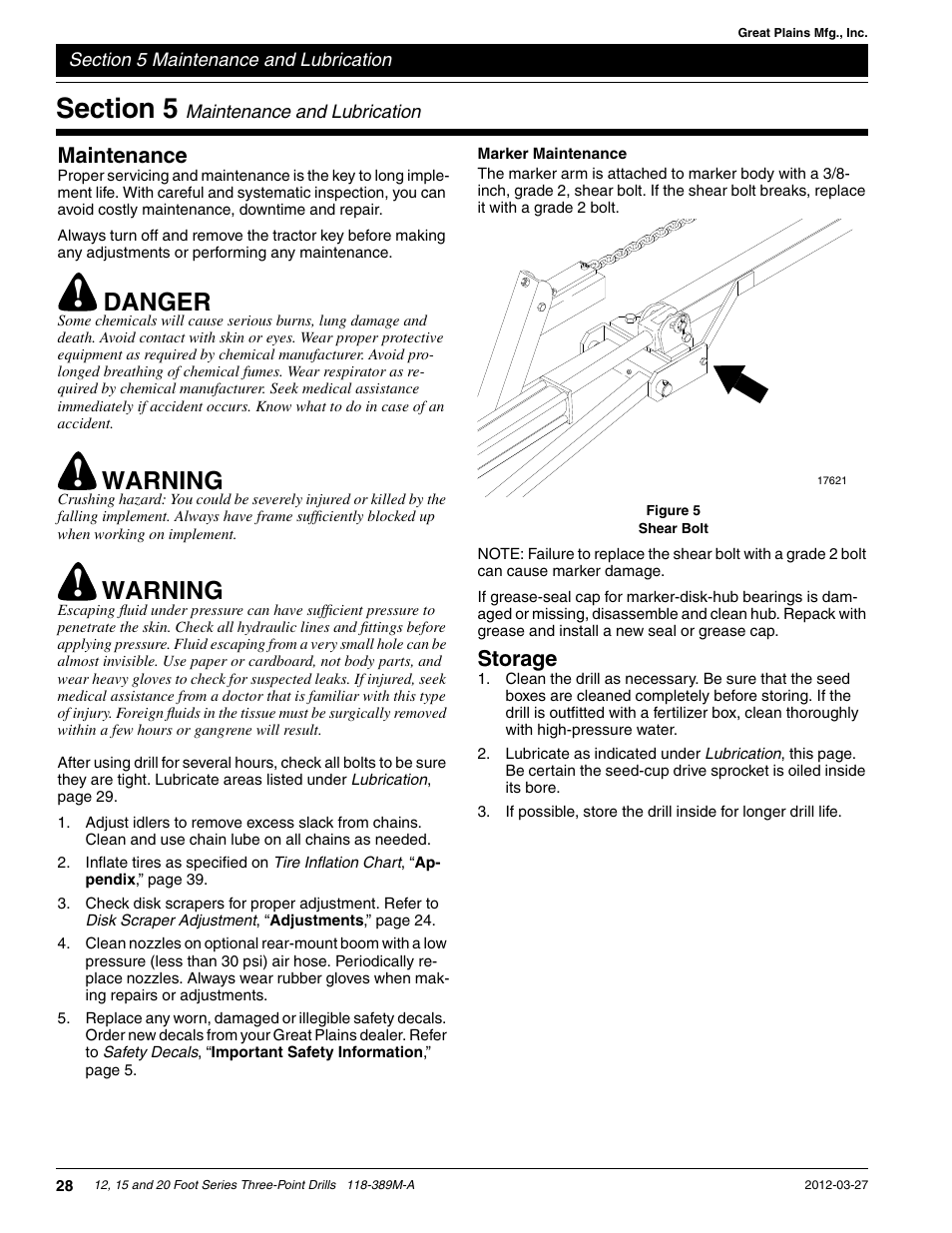 Danger, Warning, Maintenance | Storage | Great Plains 2000 Operator Manual User Manual | Page 31 / 45