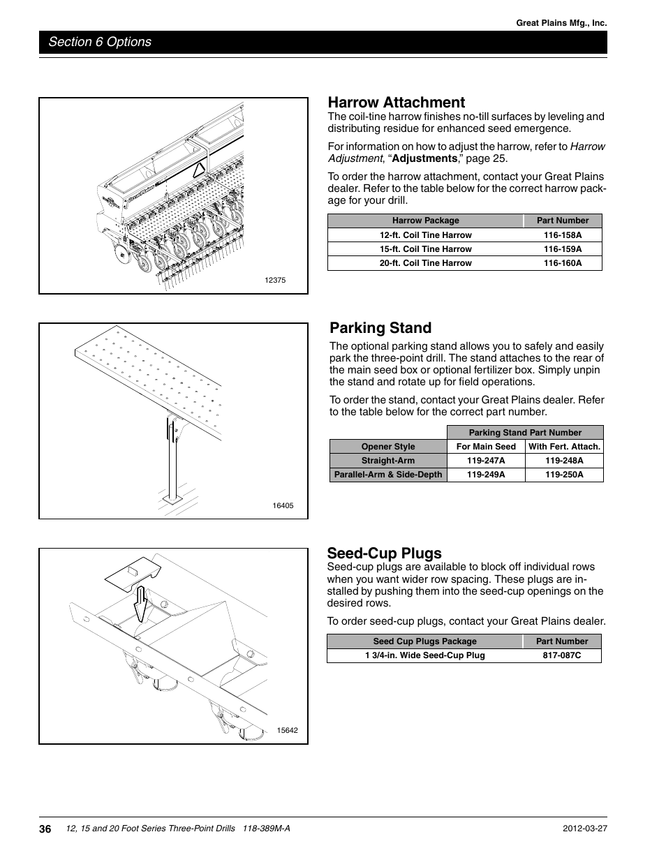 Parking stand, Harrow attachment, Seed-cup plugs | Great Plains 2000 Operator Manual User Manual | Page 39 / 45