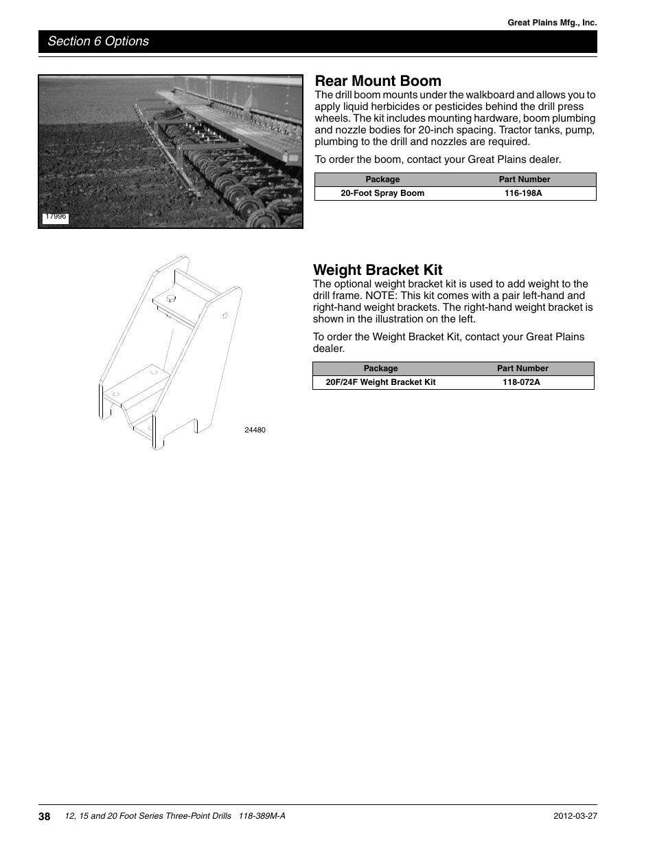 Rear mount boom, Weight bracket kit | Great Plains 2000 Operator Manual User Manual | Page 41 / 45