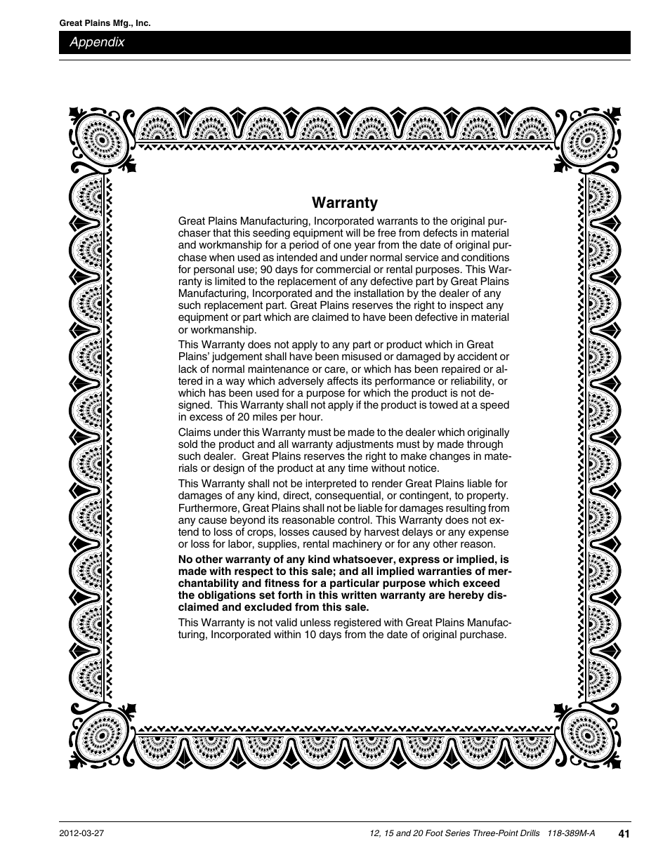 Warranty | Great Plains 2000 Operator Manual User Manual | Page 44 / 45