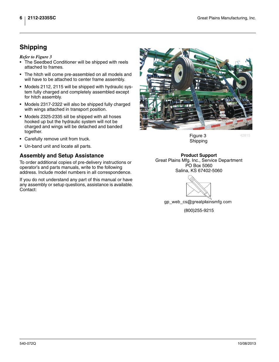 Shipping, Assembly and setup assistance | Great Plains 2335SC Predelivery Manual User Manual | Page 10 / 32