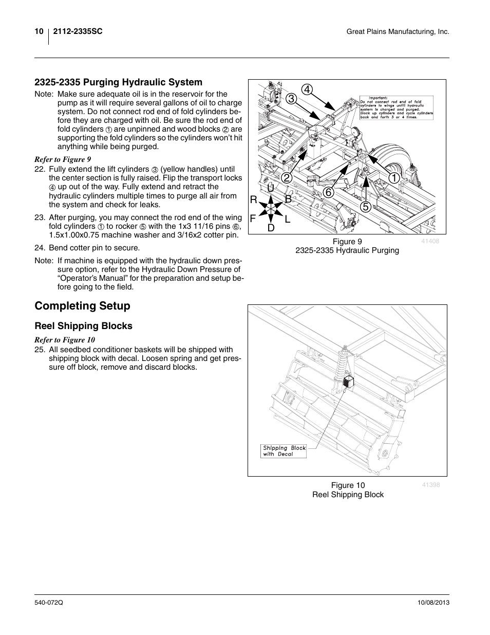 2325-2335 purging hydraulic system, Completing setup, Reel shipping blocks | Great Plains 2335SC Predelivery Manual User Manual | Page 14 / 32