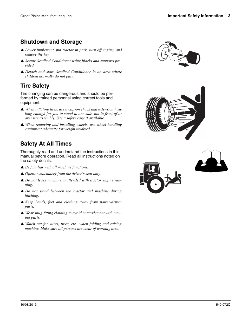 Shutdown and storage, Tire safety, Safety at all times | Great Plains 2335SC Predelivery Manual User Manual | Page 7 / 32