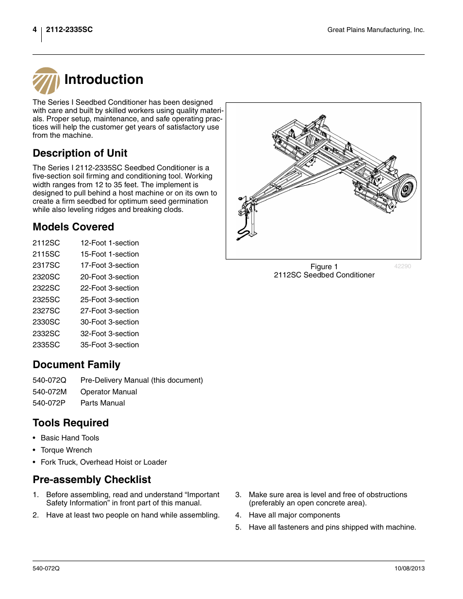 Introduction, Description of unit, Models covered | Document family, Tools required, Pre-assembly checklist, Models covered document family tools required | Great Plains 2335SC Predelivery Manual User Manual | Page 8 / 32