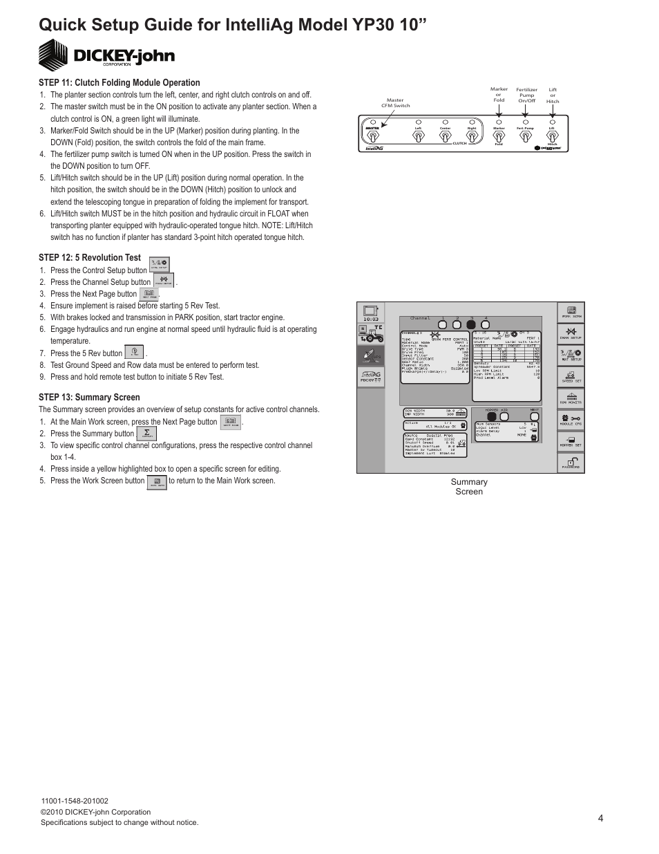 Quick setup guide for intelliag model yp30 10, Step 12: 5 revolution test, 4step 13: summary screen | Step 11: clutch folding module operation | Great Plains YP3010HDP-3610 10HDP Series 36 Row 10 Inch Quick Start User Manual | Page 4 / 5