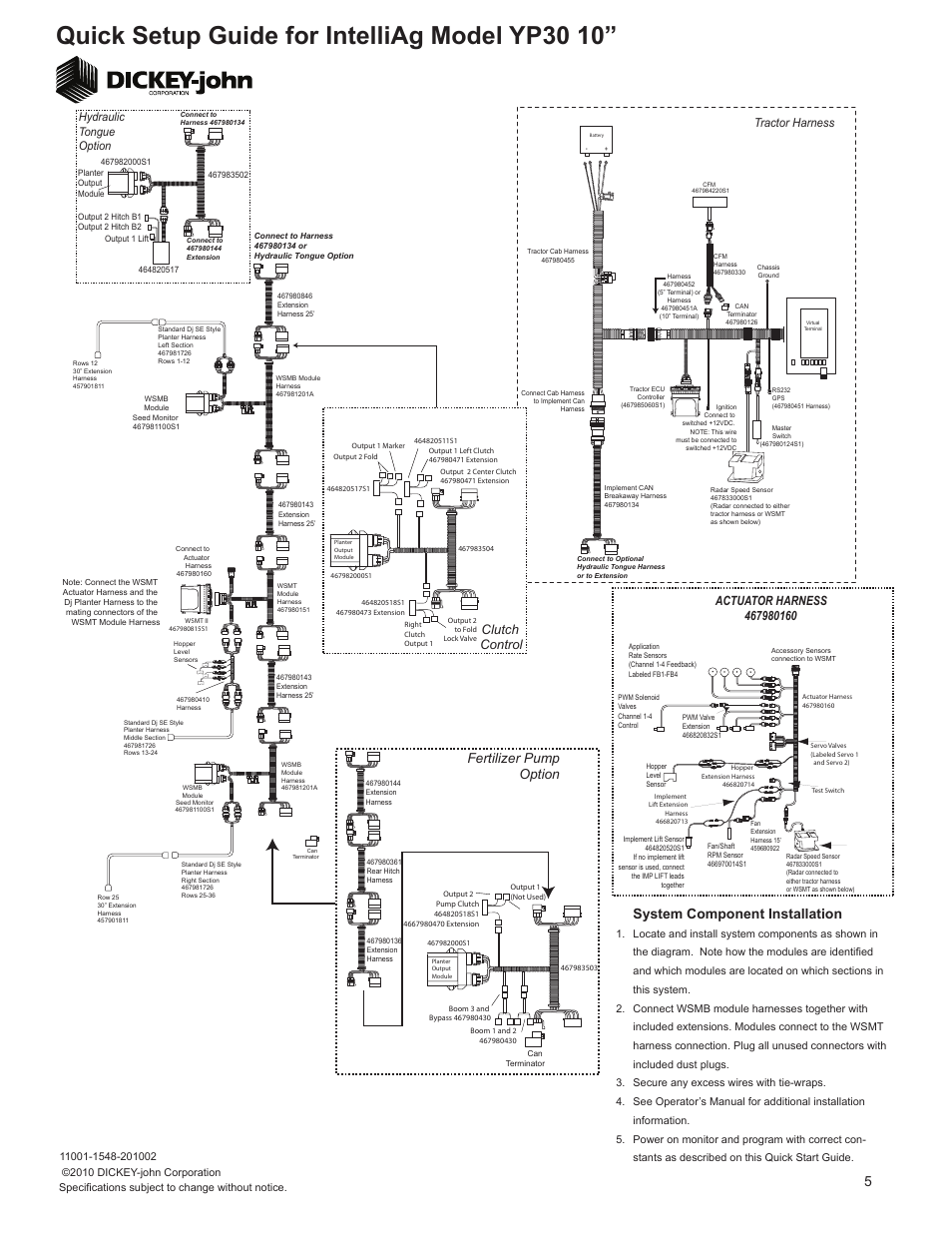 Quick setup guide for intelliag model yp30 10, System component installation, Fertilizer pump option | Clutch control, Tractor harness, Hydraulic tongue option | Great Plains YP3010HDP-3610 10HDP Series 36 Row 10 Inch Quick Start User Manual | Page 5 / 5