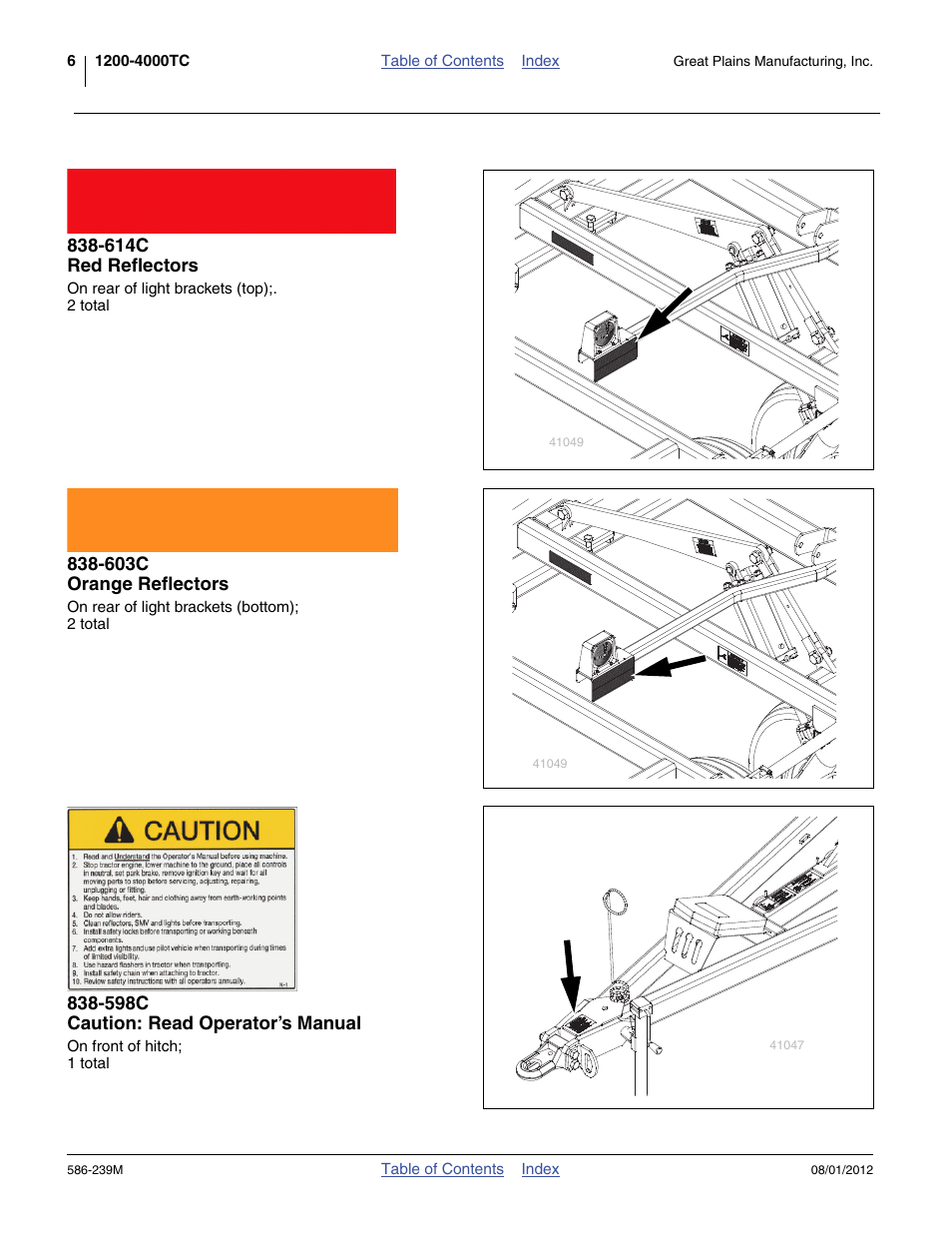 614c red reflectors, 603c orange reflectors, 598c caution: read operator’s manual | Great Plains 4000TC Operator Manual User Manual | Page 10 / 42