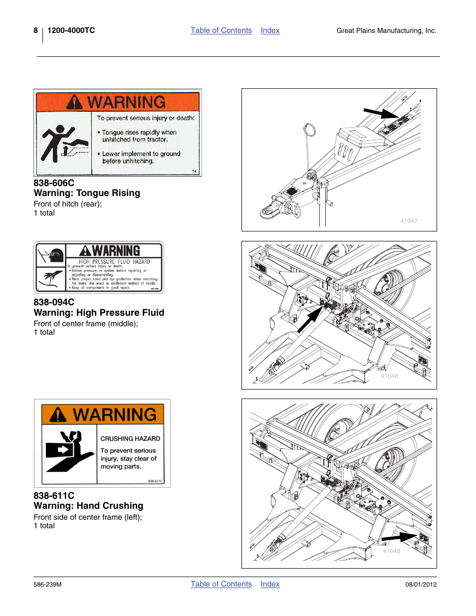 606c warning: tongue rising, 094c warning: high pressure fluid, 611c warning: hand crushing | Great Plains 4000TC Operator Manual User Manual | Page 12 / 42