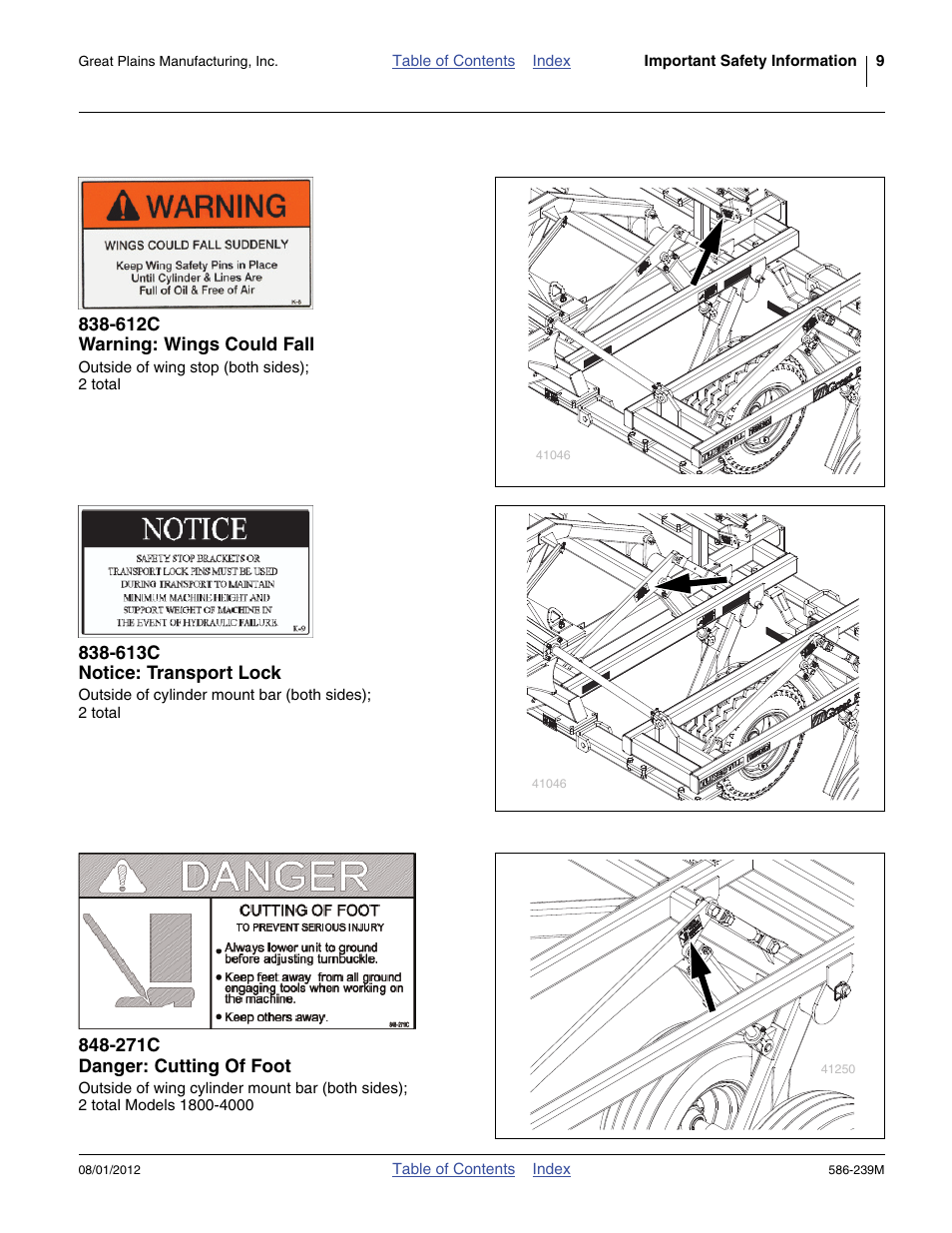 612c warning: wings could fall, 613c notice: transport lock, 271c danger: cutting of foot | Great Plains 4000TC Operator Manual User Manual | Page 13 / 42