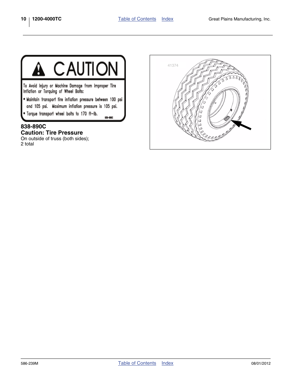 890c caution: tire pressure | Great Plains 4000TC Operator Manual User Manual | Page 14 / 42