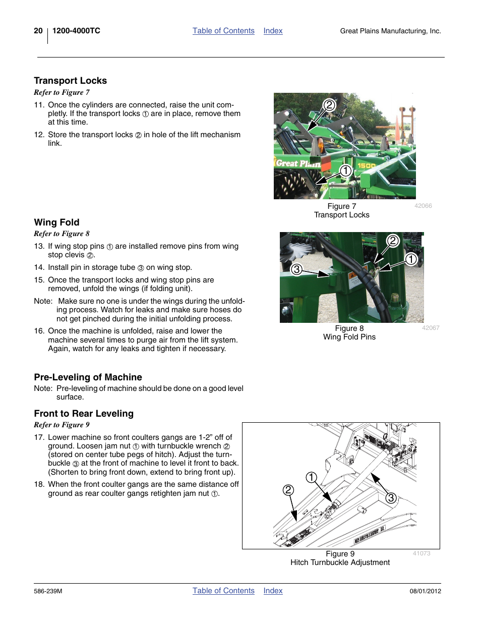 Transport locks, Wing fold, Pre-leveling of machine | Front to rear leveling | Great Plains 4000TC Operator Manual User Manual | Page 24 / 42